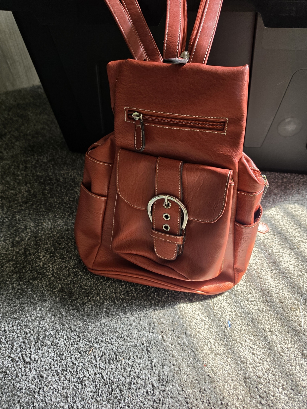 BELLEROSE Rust Red Leatherette Backpack with Front Buckle Pocket